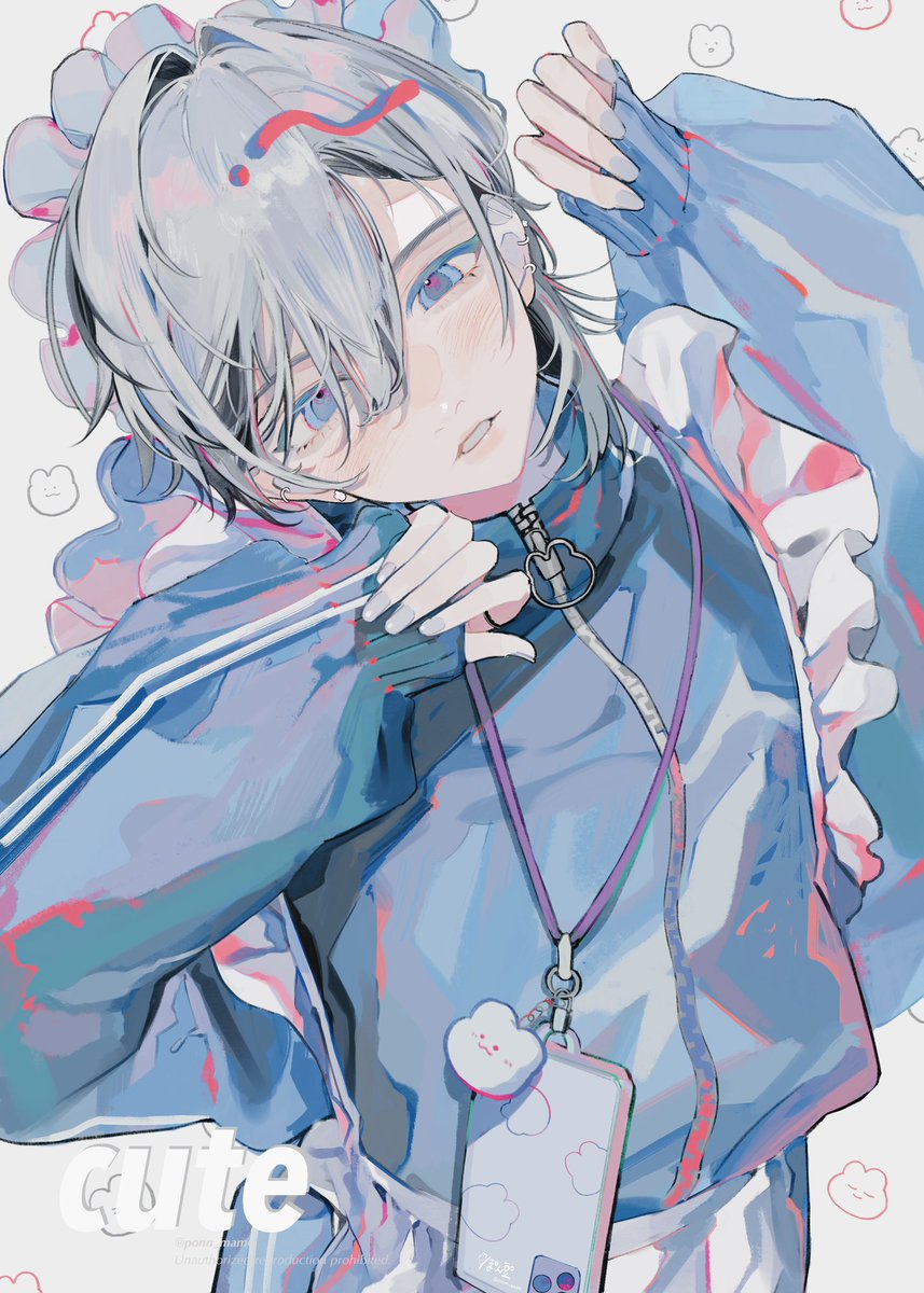 1boy male focus solo maid headdress maid sleeves past wrists grey hair  illustration images