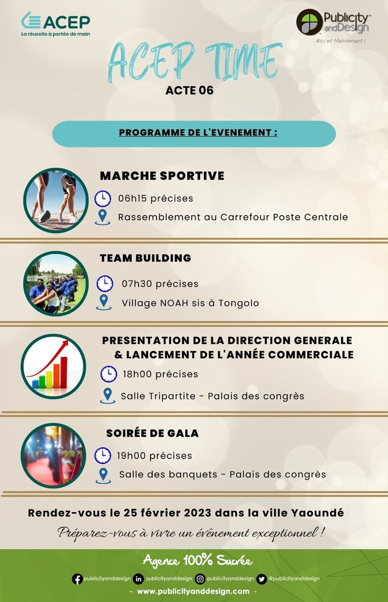 PublicityAgence's tweet photo. 📌Samedi 25/02/2023: #ACEP #TIME 6e édition

Accompagnement de #ACEPCAMEROUN à l'occasion de la célébration de sa fête du personnel  à travers une séance de #teambuilding.
Cela a eu lieu dans la ville de Yaoundé, sis à Village NOAH.
#publicityanddesign  #capitalhumain https://t.co/qT34V0YboW