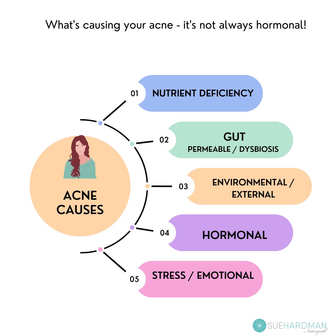 sueshealth's tweet image. Acne is usually a *symptom* and it’s often not just one thing - usually a combination of causes or factors. Is it nutrient deficiency, too much testosterone, gut imbalance, inflammation, food, stress response #acnesolutions #clearskincoach #naturopath #adultacne #acneandthegut
