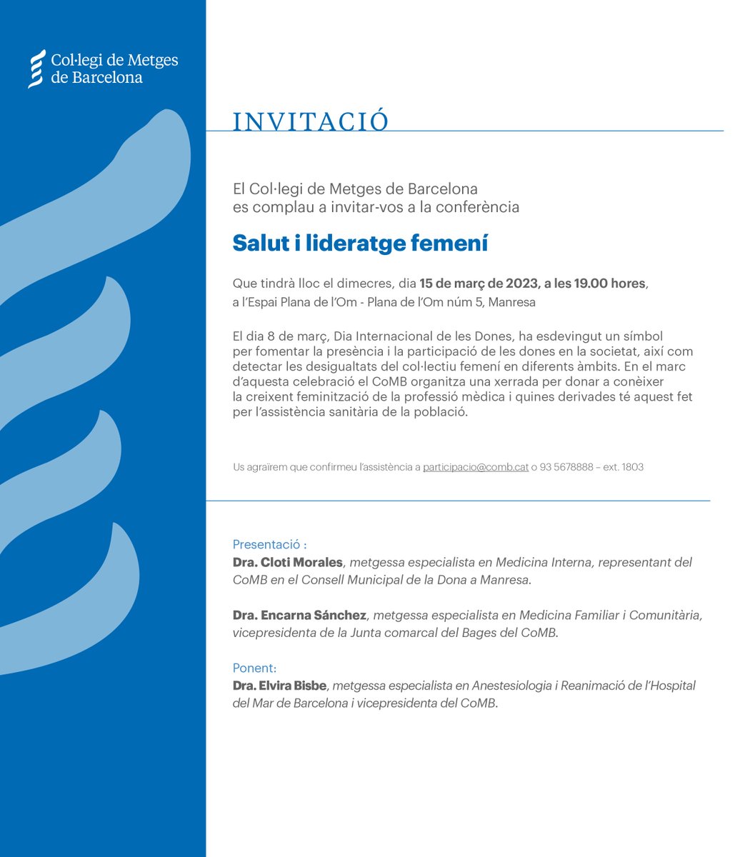 <a href="/ajmanresa/">Ajuntament de Manresa</a> <a href="/siadmanresa/">Servei d'Informació i Atenció a les Dones Manresa</a> .<a href="/CoMBBages/">CoMB Bages</a>, membre del Consell de la Dona <a href="/ajmanresa/">Ajuntament de Manresa</a>, organitza el 15 de març "Salut i lideratge femení" #8M. La vicepresidenta del CoMB @ebisbe reflexionarà sobre la creixent feminització de la professió mèdica i com això incideix en l'assistència
comb.cat/ca/comunicacio…