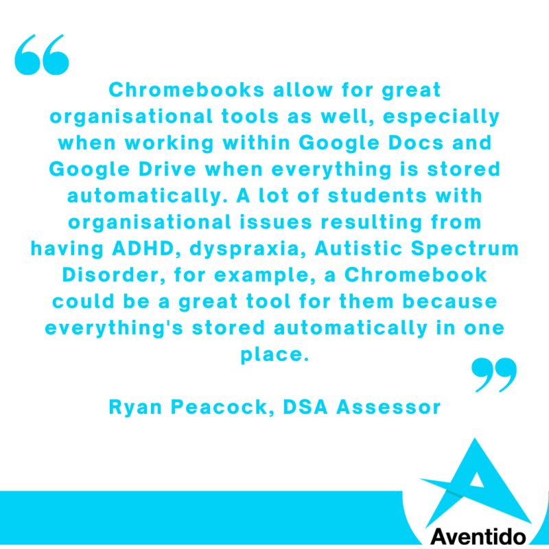 aventido's tweet image. Have you attended one of our recent #AssistiveTech and Chromebooks webinars?

Here, a DSA Needs Assessor provides his views on Chromebooks, and explains why he feels that they are beneficial to users with SpLDs: zcu.io/RQf9

#SpLDs #DSA #Chromebooks