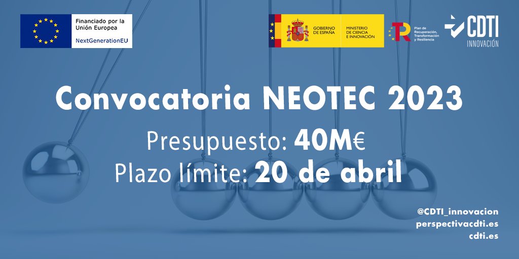 APTE_es's tweet image. 📢 Publicada convocatoria #NEOTEC2023, gestionada por @CDTI_innovacion, para pequeñas empresas innovadoras de base tecnológica👇

💶 Presupuesto total: 40M€
💶 5M€ para #NeotecMujeres 
🗓️ Presentación de solicitudes: 28/02 - 20/04

➡️apte.org/programa-neote…

@CienciaGob #NEOTEC