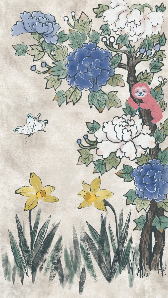 loveanna1006's tweet photo. Flora harmony 전시에 참여하는 그림입니다~

주제인 flora harmony에 맞추어서 
한국민화에서 3월의 꽃인 모란과 
서양에서 3월의 탄생화인 수선화를 그림에 넣었어요.

그리고 제가 주로 그리고 있는 잠자는 나무늘보를 추가했습니다. 
나무늘보가 꾸는 꽃에 대한 꿈이라고 봐주세요. https://t.co/FzZQKBLUdT