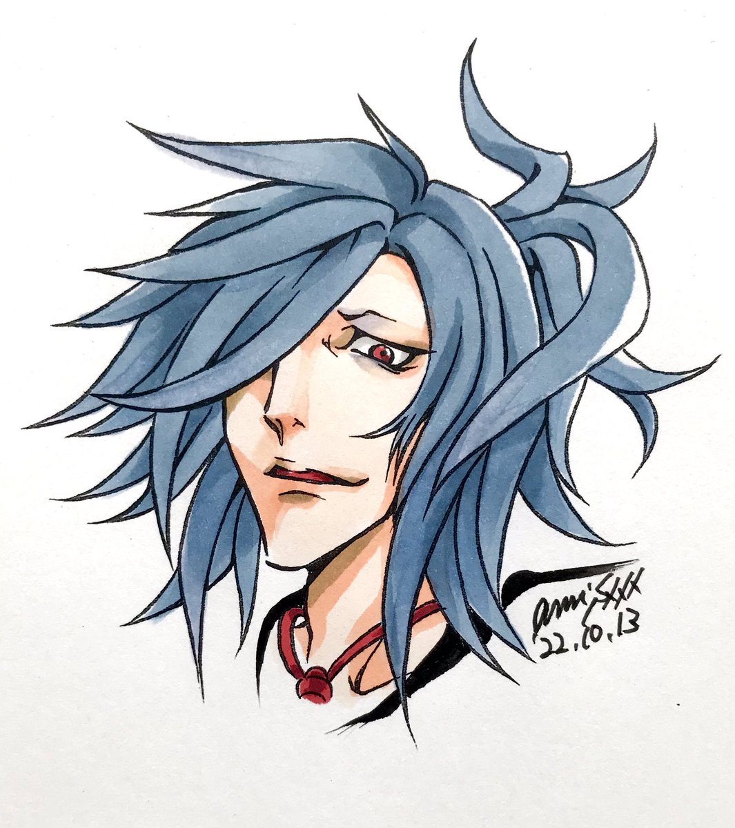 solo 1boy male focus hair over one eye blue hair red eyes white background  illustration images