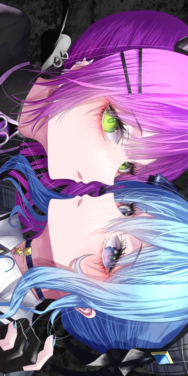 hoshimachi suisei ,tokoyami towa multiple girls 2girls green eyes blue hair blue eyes purple hair choker  illustration images