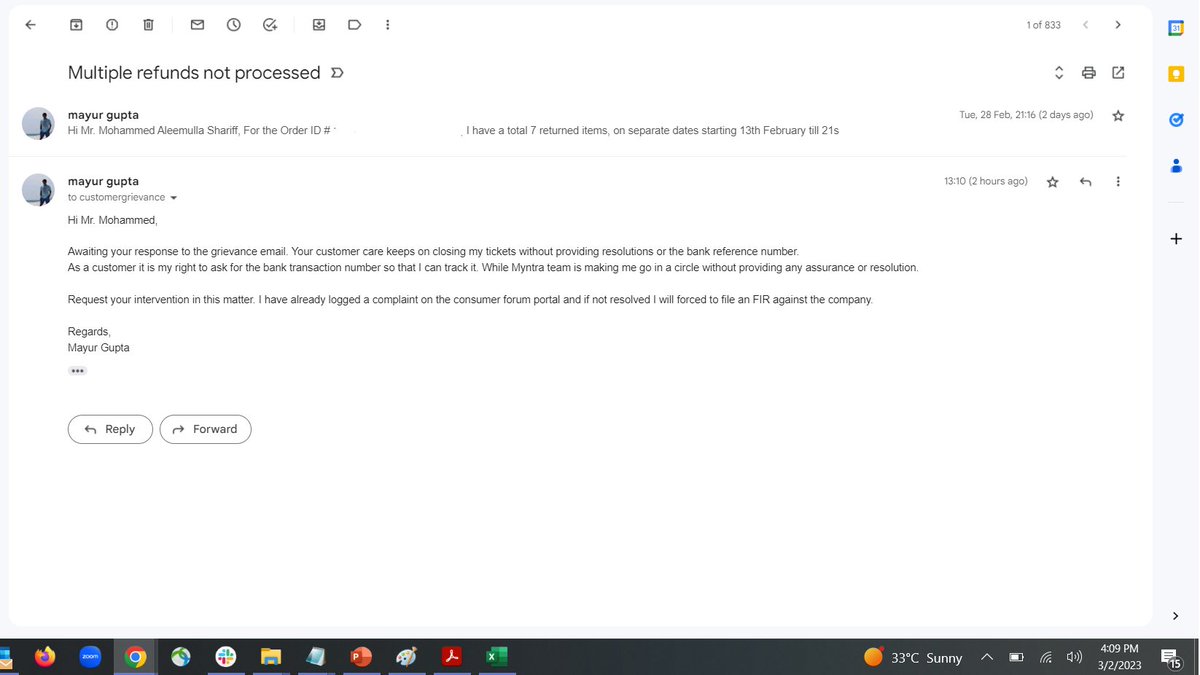 mgupta1084's tweet photo. @myntra @myntra 2 days and no response from grievance officer, no resolution from customer care. Have been asked to wait for till 9th for an update, and raised tickets closed without resolution.  @AshwiniVaishnaw @Rajeev_GoI Sir time to amend IT Act 2000 in favor of consumer https://t.co/Xpm9tNCMrN