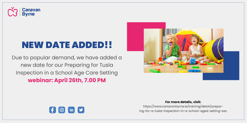 Due to demand, new date added for Preparing for Tusla Inspection for School Age Care Settings: 
canavanbyrne.ie/training/detai…
#inspection #schoolagecare #webinar #earlyyears #canavanbyrne