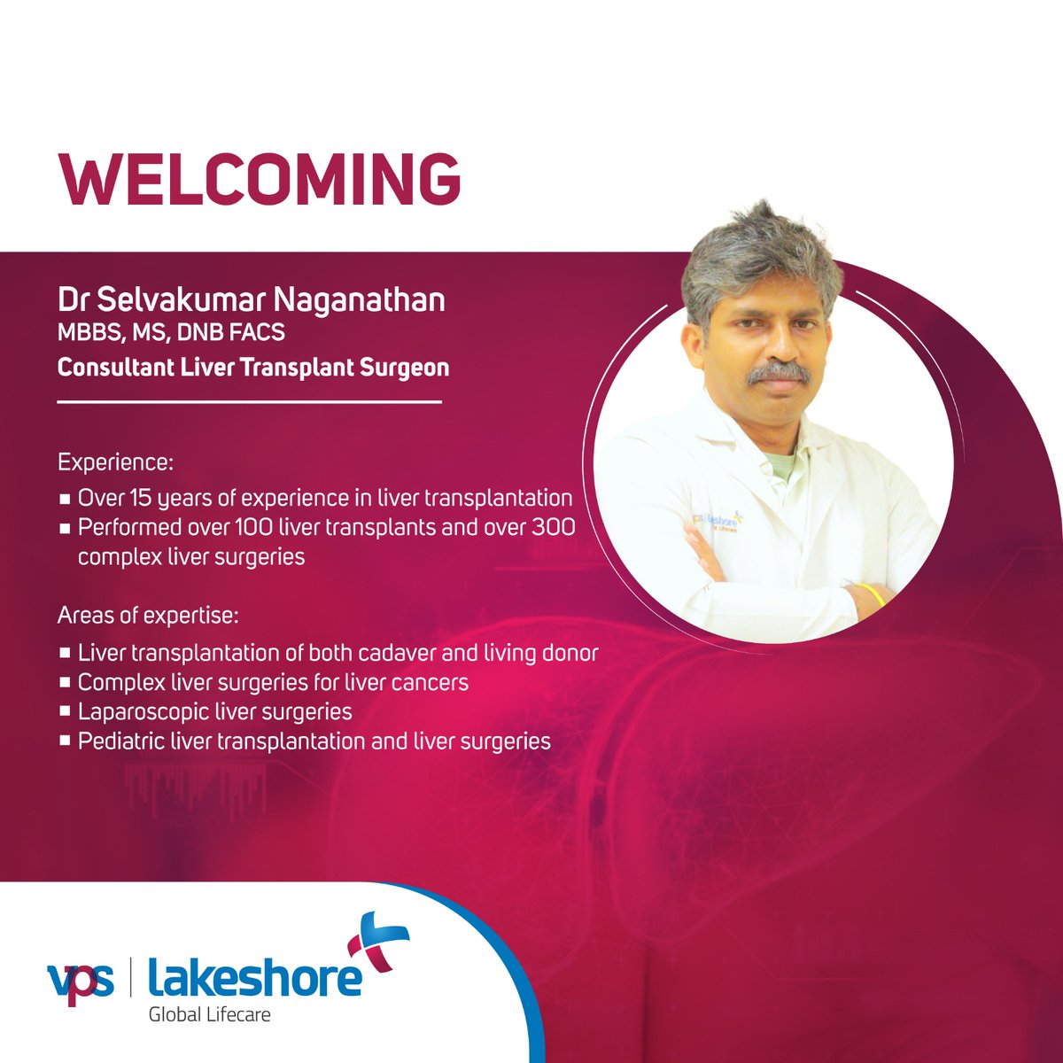 We are delighted to welcome Dr. Selvakumar Naganathan, Consultant Liver Transplant Surgeon to the VPS lakeshore Family. We are proud and happy to have you onboard!

#welcome #livertransplantsurgeon #Laparoscopicliversurgeries #livercancers  #healthcare #vpslakeshore