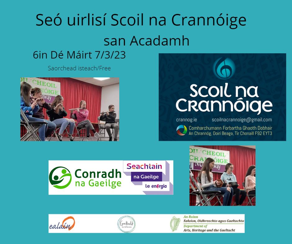 anchrannog's tweet photo. Seó uirlisí Scoil na Crannóige san Acadamh Ghaoth Dobhair Dé Máirt 7ú Márta 6in. Fáilte roimh chách & saor chead isteach. @EnaGaeltachta #Cuisle #Gaeltacht #gaothdobhair #seachtainnagaeilge
Seó na Crannóige will be in An Acadamh Tue 7 March 6pm. Everyone welcome & free entry. https://t.co/tsd4IgHlRI