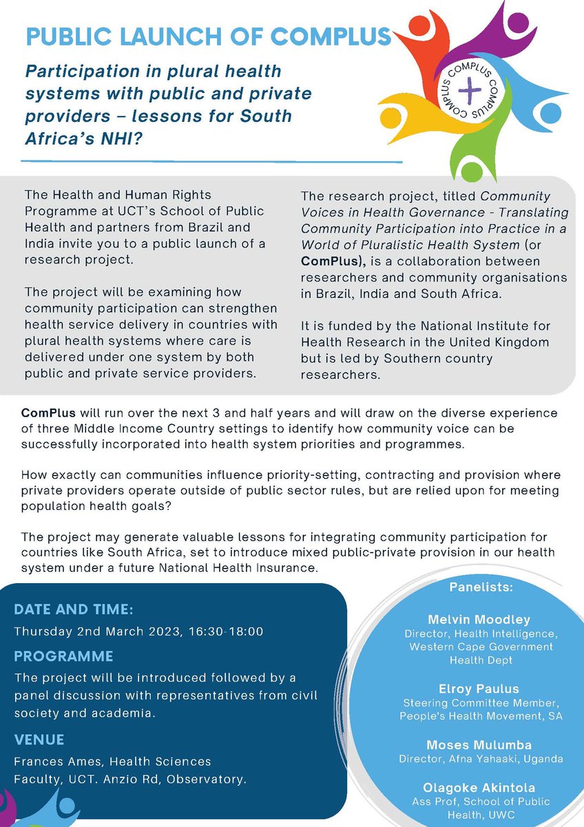 PHMSA1's tweet photo. Today the @UCTHealthSci is launching the #Complus, a project examining how community participation can strengthen health service delivery! https://t.co/fAramMwB6D
