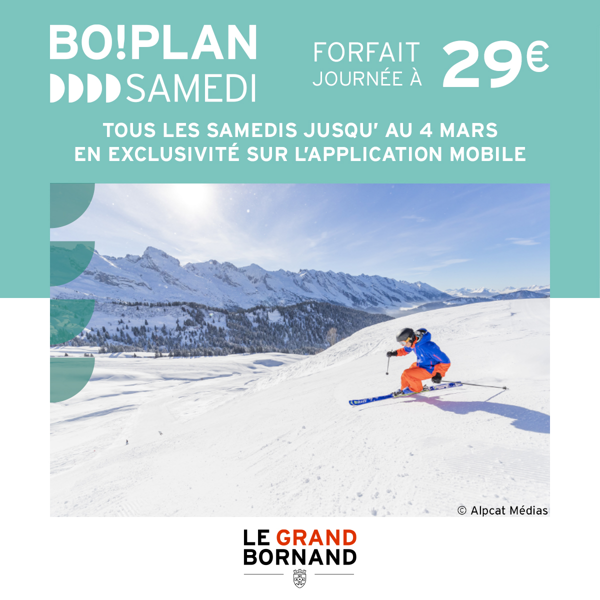 📢 #BonPlan Dernière #chance ce samedi pour profiter d'un Bo! Samedi avec le forfait #ski journée à 29 € au lieu de 39,30 € ⛷️
Offre disponible exclusivement sur l’application mobile ➡️ bit.ly/BoPlan_Samedi
 
#mongrandbo #legrandbornand