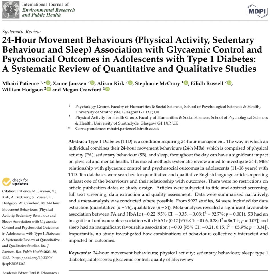 🚨 Paper published from my PhD research @UniStrathclyde 

👀 Open access and available in @MDPIOpenAccess 

📚 Investigating 24-hour movement behaviours (#PhysicalActivity #SedentaryBehaviour #Sleep) in adolescents with #type1diabetes 

👏 Thanks to everyone who supported!