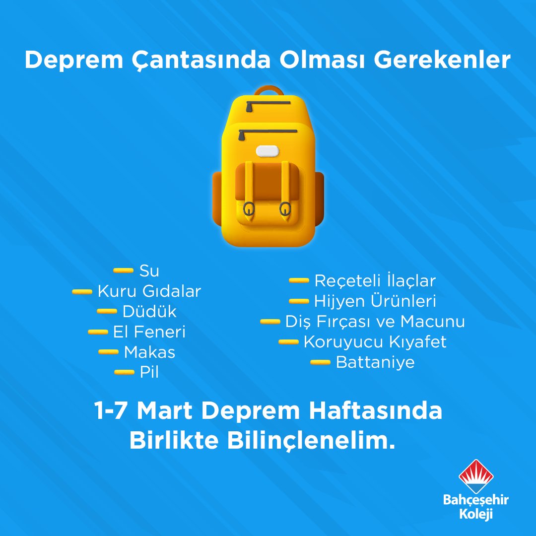 bahcesehir_k12's tweet photo. 1-7 mart deprem haftasında birlikte bilinçlenelim.
Deprem çantamızda olması gerekenlere yakından bakalım.

#bahcesehirkoleji https://t.co/JSB0IcZ7Do