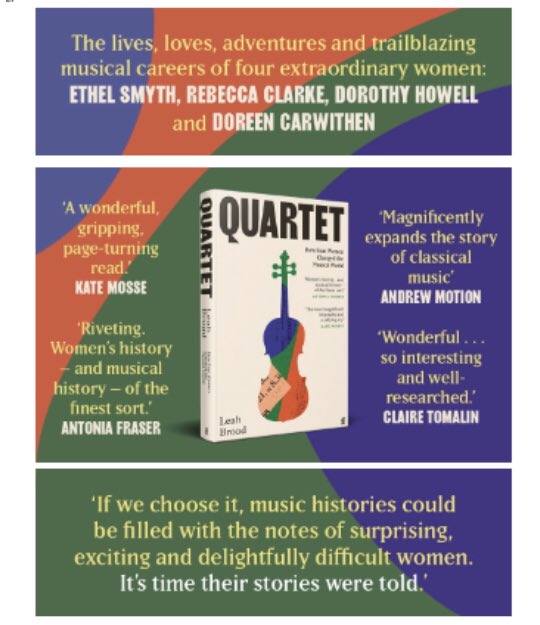 LeahBroad's tweet photo. #QUARTET is published today!!!! Thank you so much to everybody who has supported this book, and to everyone who's bought/read a copy. I hope you enjoy reading about Ethel Smyth, Rebecca Clarke, Dorothy Howell &amp; Doreen Carwithen as much as I enjoyed writing about them ❤️📚🎶 https://t.co/UMEbv9BXHu