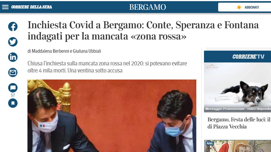 L'ex Premier Giuseppe #Conte e il Ministro #Speranza indagati con delle accuse gravissime, ma per il #Corriere la notizia è derubricata a cronaca di #Bergamo
Perché un premier indagato per 'epidemia aggravata' e 'omicidio colposo plurimo' è una notiziola di cronaca locale
#2marzo