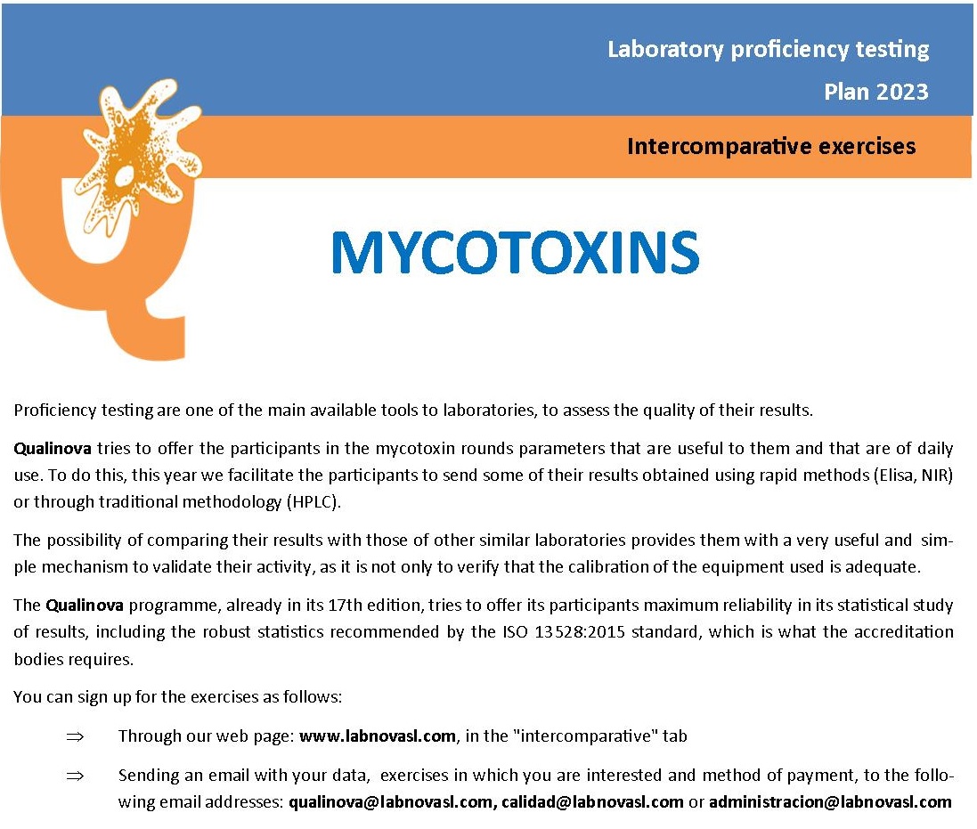 Qualinova_Lab's tweet photo. ¡¡ÚLTIMOS DÍAS PARA APUNTARTE A NUESTRO EJERCICIO DE MICOTOXINAS EN PIENSO !! 🌾🫘🧪
Inscripciones ➡️https://t.co/nV9jmrkxD2
#ProficiencyTesting #Mycotoxin #ISO17043 #Feed #Food #Qualinova #Labnova #Calidad #Micotoxinas #Intercomparativos https://t.co/WjCW06XxMc