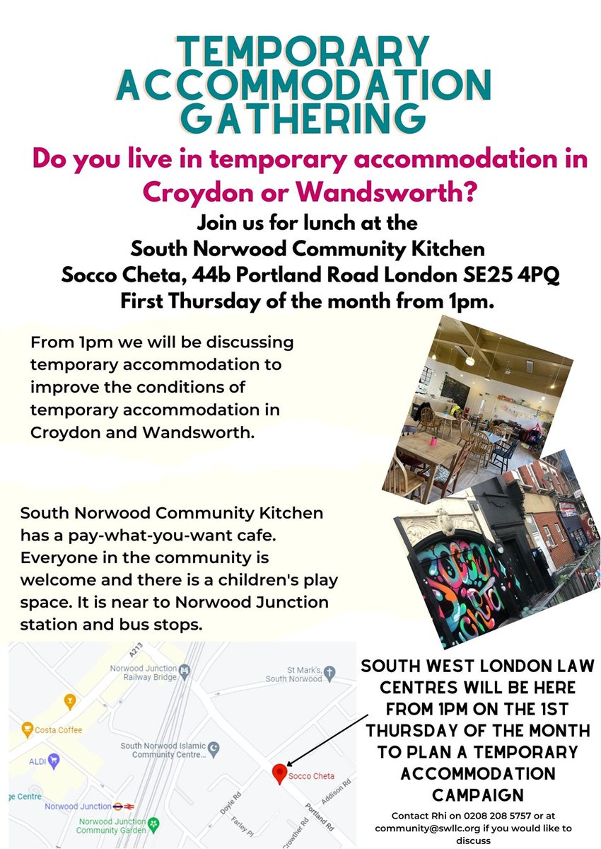 It is the first Thursday of the month! Today, we will be at the @norwoodkitchen building for our campaign to improve #TemporaryAccommodation. Do you live in #Croydon temporary accommodation? 

Come and share some food + ideas. Children are welcome!