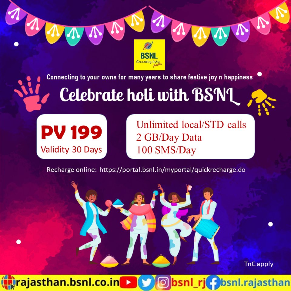 BSNL_RJ's tweet photo. Celebrate this colourful #Holi2023 with #BSNL
#Recharge with #BSNL_PV199 & get 2GB/Day data with unlimited local/STD calls for 30 days.
#Recharge Online today:- https://t.co/tR0ukBoJoC
#BSNLRecharge #PV199 #Holi2023 #Holi #होली2023 https://t.co/52ZXwtu1FH