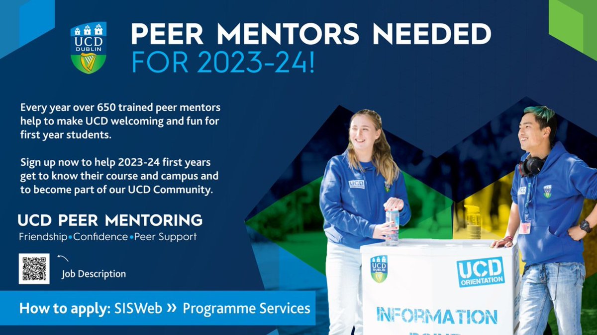 Applications for Peer Mentors are now welcome📣
#UCD Peer Mentors help incoming first year students transition to university life. Current UCD Stage 1 & 2 students can apply now for September 2023.
Apply via SISWeb > Programme Services > My Peer Mentor Applications
#peermentor