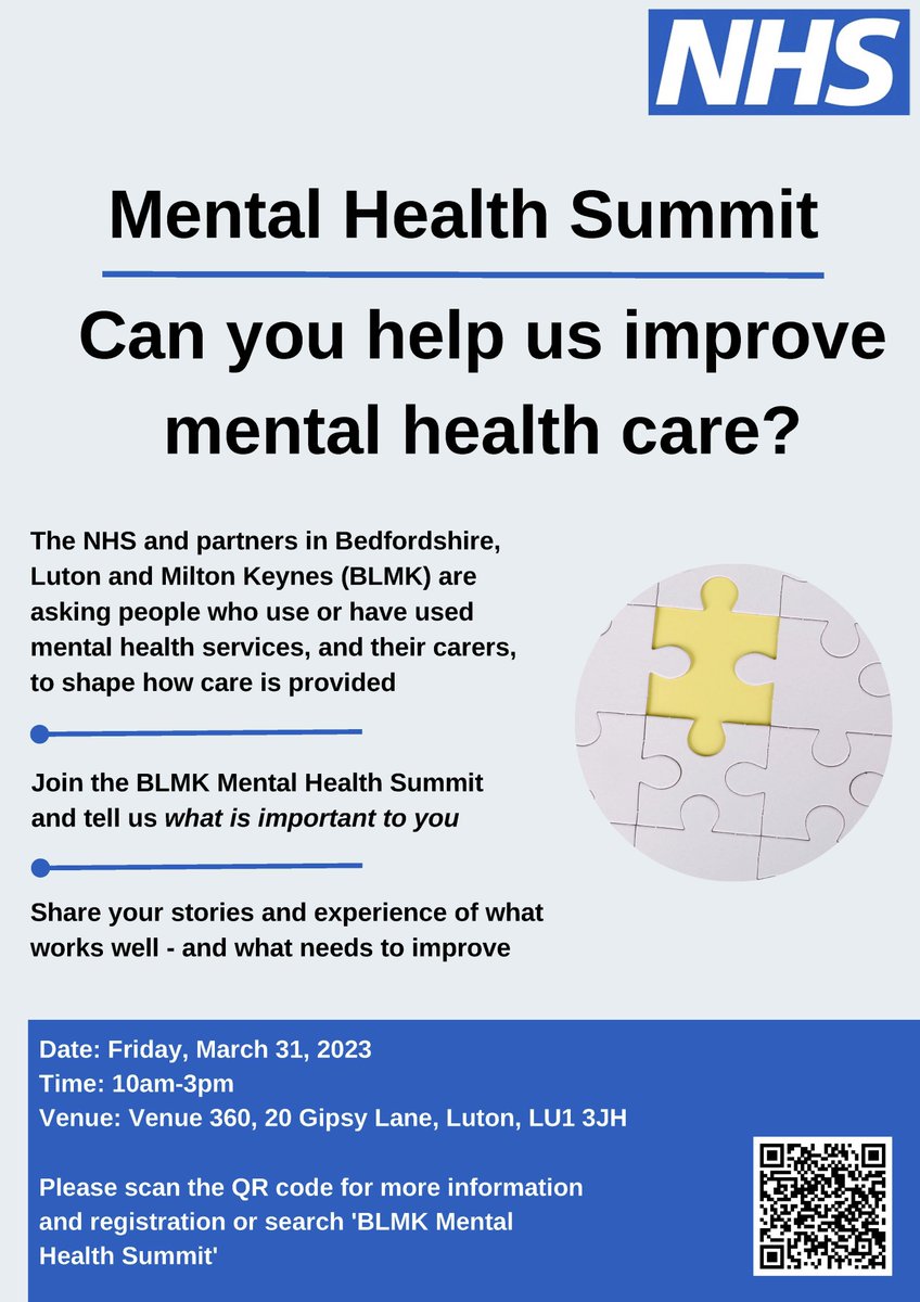 Are you a #mentalhealth service user, #carer or have you accessed #primarycare or secondary care mental health services across <a href="/BedfordTweets/">Bedford Borough Council</a>, <a href="/letstalkcentral/">Central Bedfordshire Council</a> or <a href="/lutoncouncil/">Luton Council</a> communities?
Join us at the BLMK Mental Health Summit.
Register here: 
eventbrite.co.uk/e/blmk-mental-…