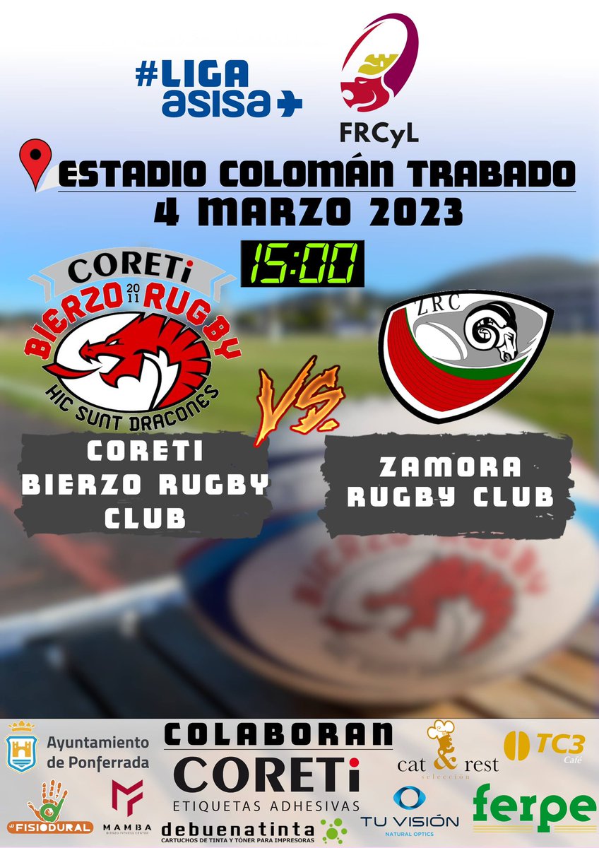 RugbyBierzo's tweet photo. El sábado 4 de marzo volvemos a casa para disputar la vuelta de la #CopaAON contra @Zamora_Rugby. Ven a apoyarnos para remontar los 6 puntos de desventaja de la Ida!
📅 sábado 4 de marzo
🕔 15:00
🏟️ Estadio Colomán Trabado
#LigaASISA https://t.co/7FmVhtH0fo