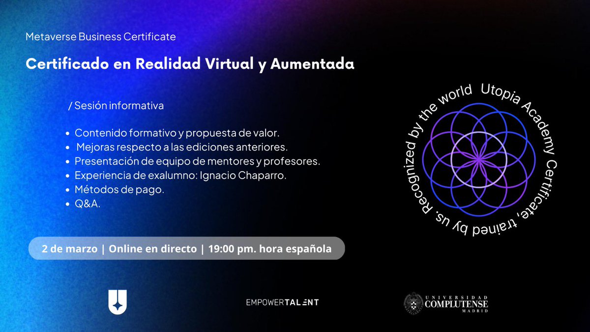 Apúntate a nuestra sesión informativa de HOY a las 19:00 y verás cómo mejorar tus habilidades empresariales en un mercado tan emergente como el de la Realidad Virtual y Aumentada. 

¡Inscríbete y acomódate, el éxito es tuyo!👉🏼 zoom.us/meeting/regist…

#RealidadVirtual #Aumentada