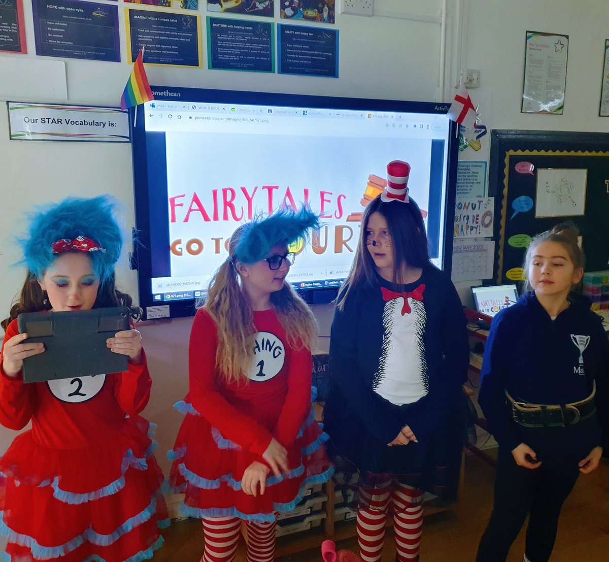 Year6TSP's tweet image. &quot;Grandma had underlying health problems.&quot; &quot;The Great Good Wolf had chronic fatigue syndrome.&quot;  After reading ‘The True Story of the Three Little Pigs’, the children became lawyers in Fairytale Court to defend Wolf his case against Little Red and co.
#WBD23 #TSPReading 📚