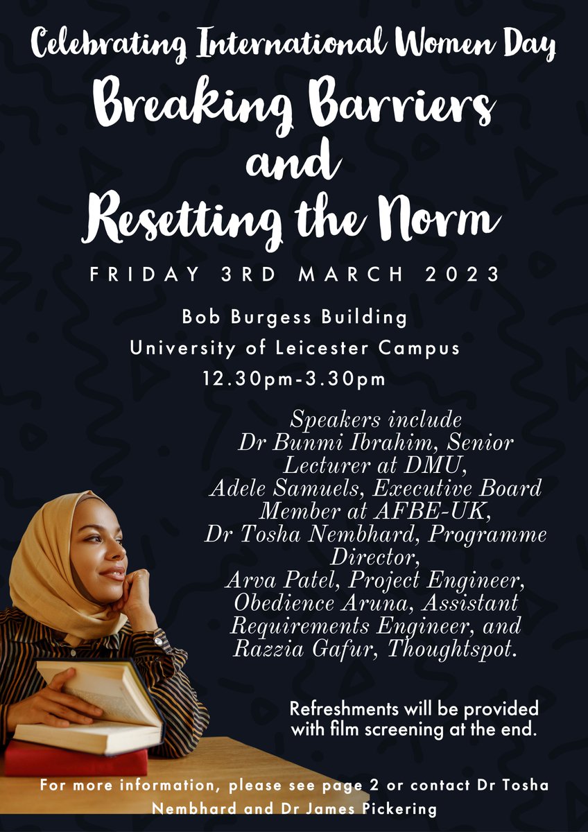 Come by the Sir Bob Burgess tomorrow from 12.30 for exciting talks, stimulating discussions, and (importantly) free refreshments! Open to all - hope to see many of you there. @UoL_ChemSoc @UniOfLeics_EDI @uniofleicester #InternationalWomensDay #WomenInSTEM #WomenInScience