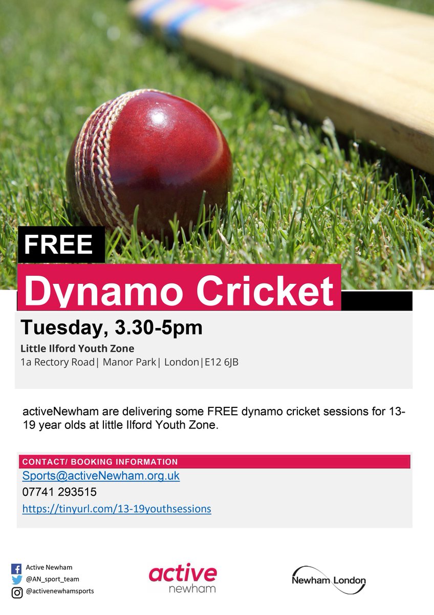 ActiveNewham - Community Team (@ancommunity1) on Twitter photo 13-19 years and interested in learning some cricket skills? Join us at Little Ilford Youth Zone on Tuesdays from 3.30pm for FREE Dynamo Cricket sessions! Don't forget to book your place
.<a href="/NewhamLondon/">Newham London 💙</a> 13-19 years and interested in learning some cricket skills? Join us at Little Ilford Youth Zone on Tuesdays from 3.30pm for FREE Dynamo Cricket sessions! Don't forget to book your place
.<a href="/NewhamLondon/">Newham London 💙</a>