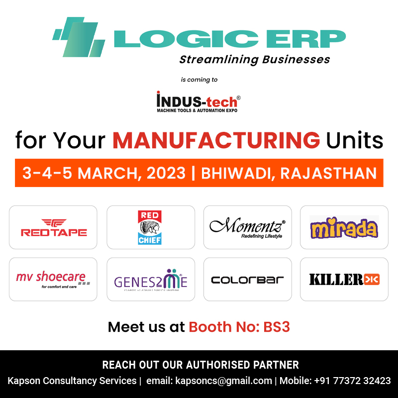 Logicerp's tweet image. LOGIC ERP participating in the #IndusTech Expo on 3rd, 4th and 5th March 2023 at the Aravali Vihar Ground, Near Mansa Chowk, Bhiwadi, Rajasthan. Looking forward to see you all there!
#manufacturing #ManufacturingERP #manufacturingsolutions #manufacturingsolution #LOGICERP
