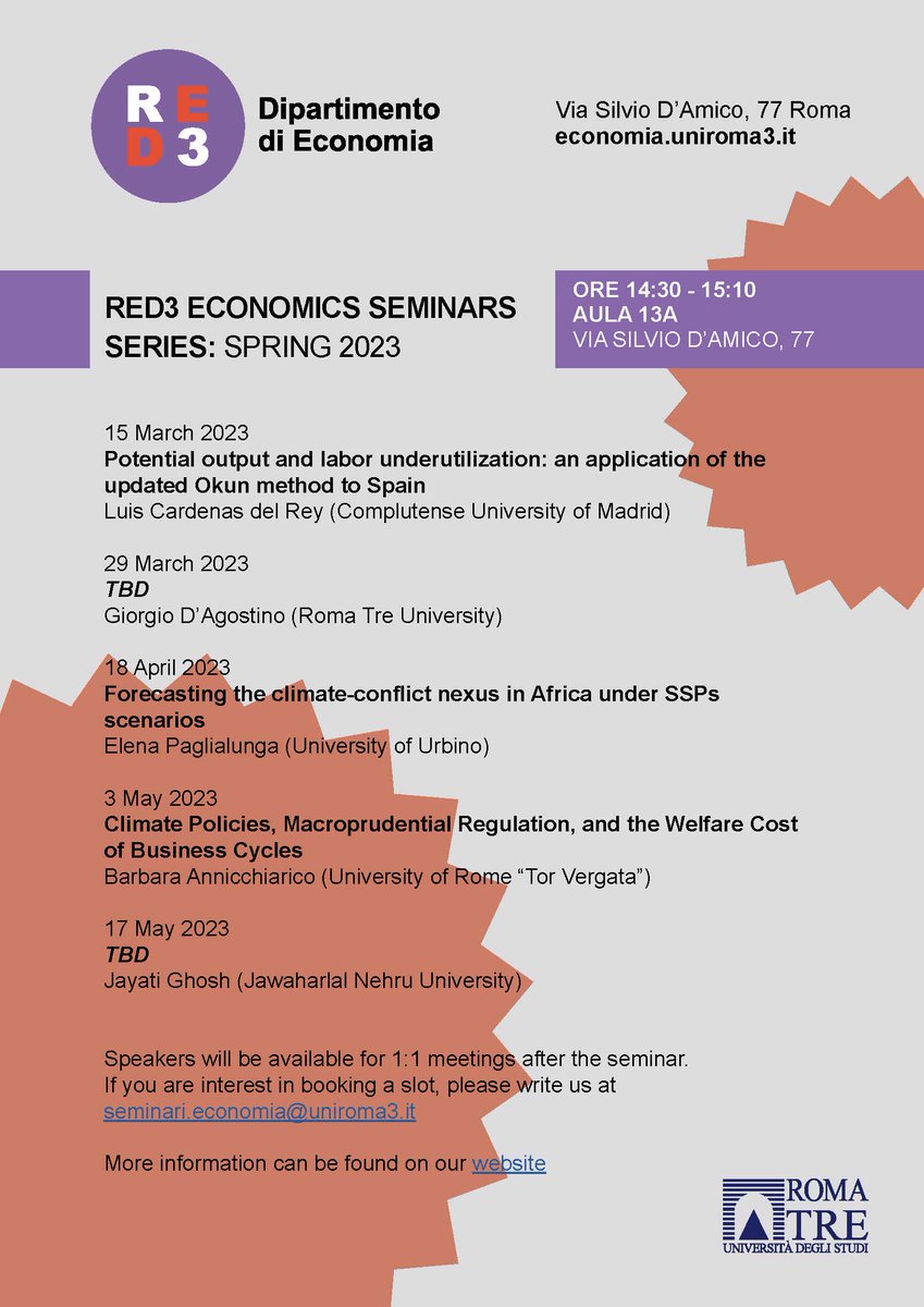 Economia Roma Tre (@economiaromatre) on Twitter photo 🗓️RED3 Economics Seminars - Spring 2023
Ecco il calendario completo degli interventi del nuovo ciclo di seminari.
🚨 Vi aspettiamo per il primo appuntamento Mercoledì 15 Marzo con with Luis Cárdenas del Rey (
<a href="/unicomplutense/">Complutense</a>).
sito web: sites.google.com/view/red3semin… 🗓️RED3 Economics Seminars - Spring 2023
Ecco il calendario completo degli interventi del nuovo ciclo di seminari.
🚨 Vi aspettiamo per il primo appuntamento Mercoledì 15 Marzo con with Luis Cárdenas del Rey (
<a href="/unicomplutense/">Complutense</a>).
sito web: sites.google.com/view/red3semin…