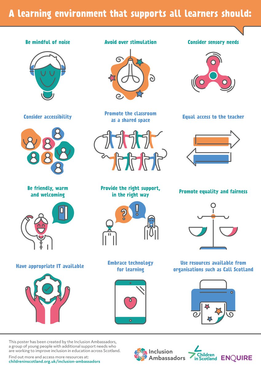 The latest resource from the #InclusionAmbassadors is a beautiful poster identifying what makes a truly inclusive learning environment. We would LOVE to see this in schools across the country. 

Download & read the accompanying blog here: childreninscotland.org.uk/inclusion-amba… 

#education