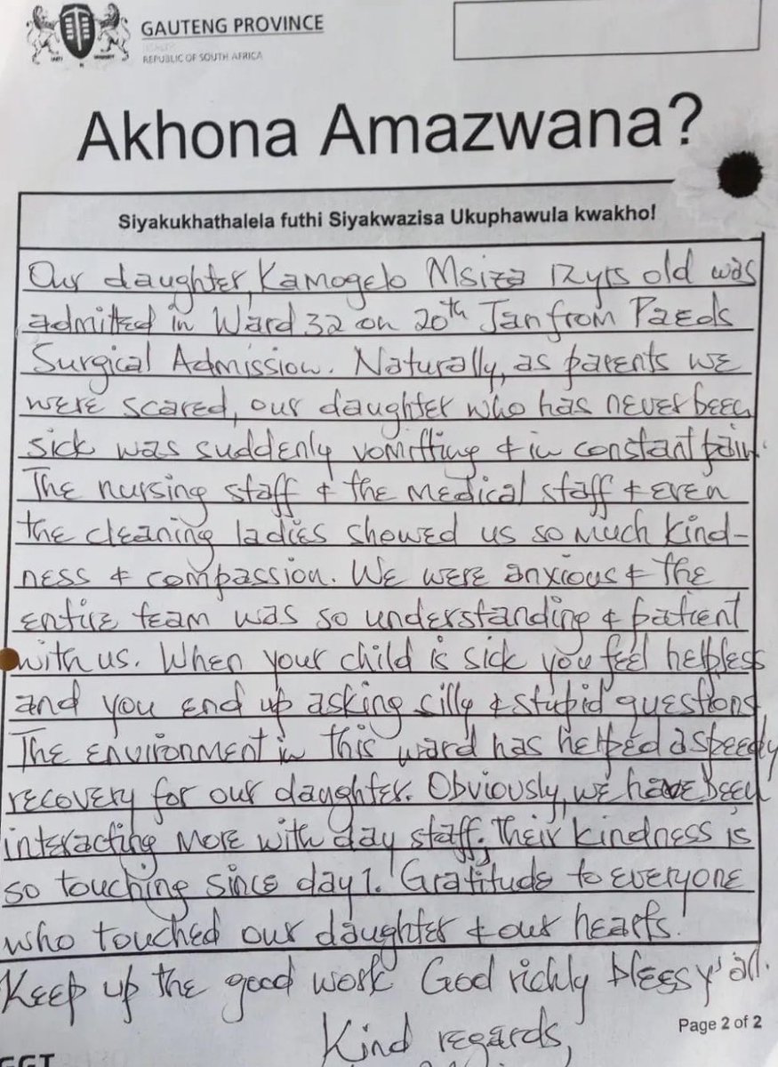 Well done to the Ward 32 staff 👏 👏👏

Thank you Mrs Msizo for the beautiful and encouraging feedback ❤️ 

#surgeonsforlittlelives #surgeons #surgery #paeds #Paediatric #paediatricsdepartment #paedssurgeryteam #ward32 #chbah #hospital