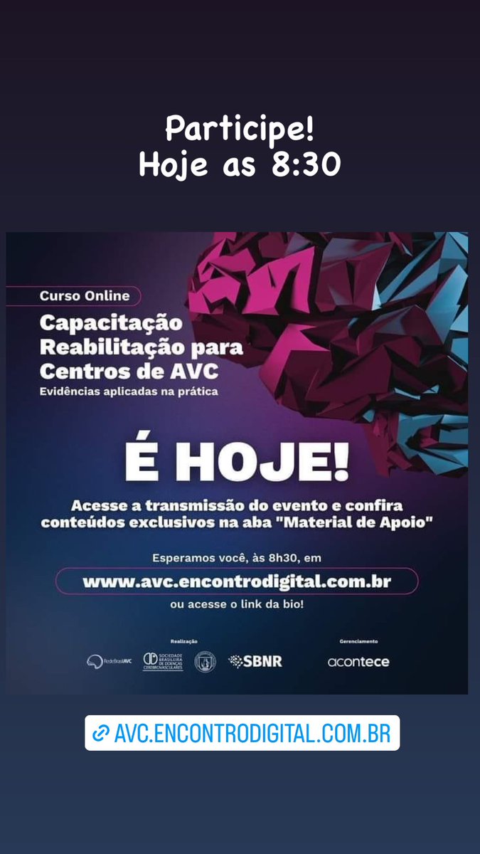 Starting now! Rehabilitation after stroke evidence based and the practical approach! (In portuguese) avc.encontrodigital.com.br/?fbclid=PAAaa2…