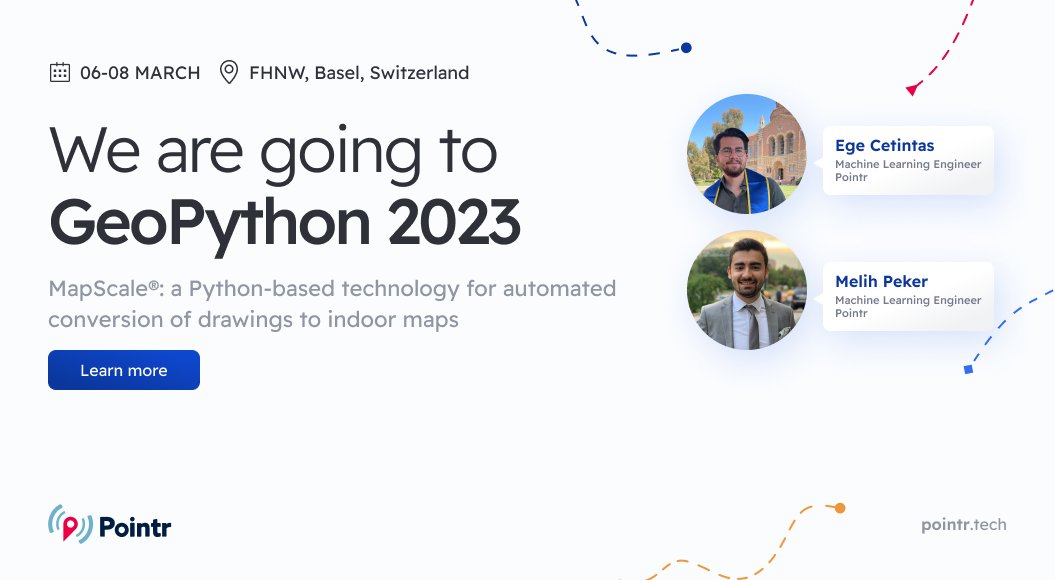 PointrTech's tweet image. We are thrilled to announce that we will be presenting at #GeoPython2023 to showcase how MapScale® revolutionizes the indoor mapping industry with the power of AI!
Don't miss the opportunity to learn more about MapScale®. Join us and see for yourself! 👇
2023.geopython.net/talks.html