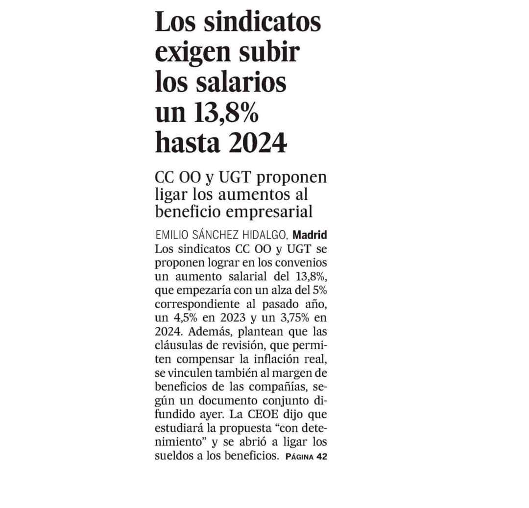 CSIFPuertosAND's tweet image. CCOO y UGT exigen un aumento salarial del 13,8% entre 2022 y 2024 para el sector privado.  Sin embargo, para los empleados/as públicos solo firman una subida del 7,5% que no se va a cumplir por la evolución de los precios y de la economía.

📢 Que no os engañen.