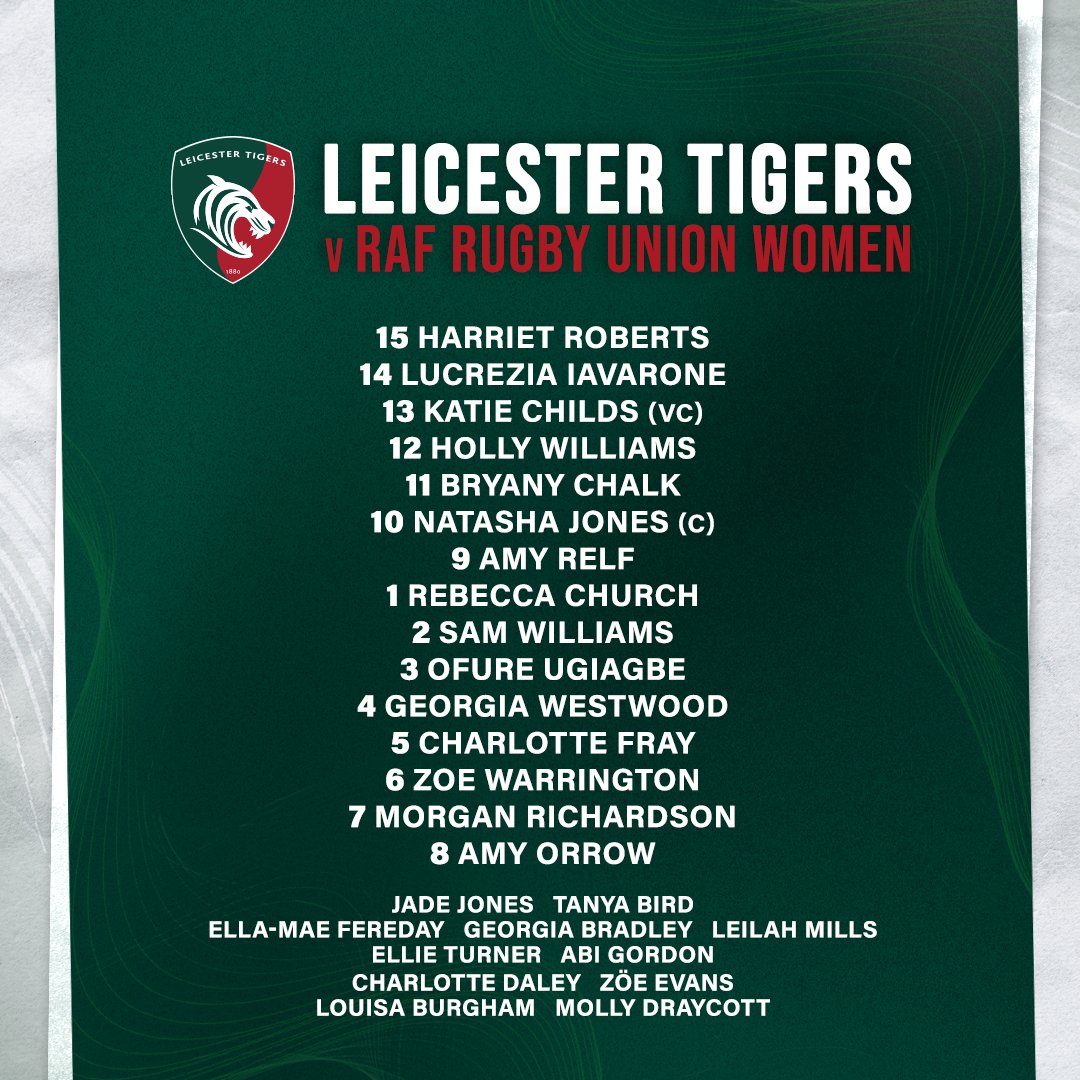 📋 𝐓𝐄𝐀𝐌 𝐍𝐄𝐖𝐒 

The side to play <a href="/RAFRU_Women/">RAF Rugby Union Women</a> in Saturday's exhibition match at Hinckley RFC has been named.

#COYT 🐯

ℹ️ LeicesterTigers.com/news/team-RAF-…