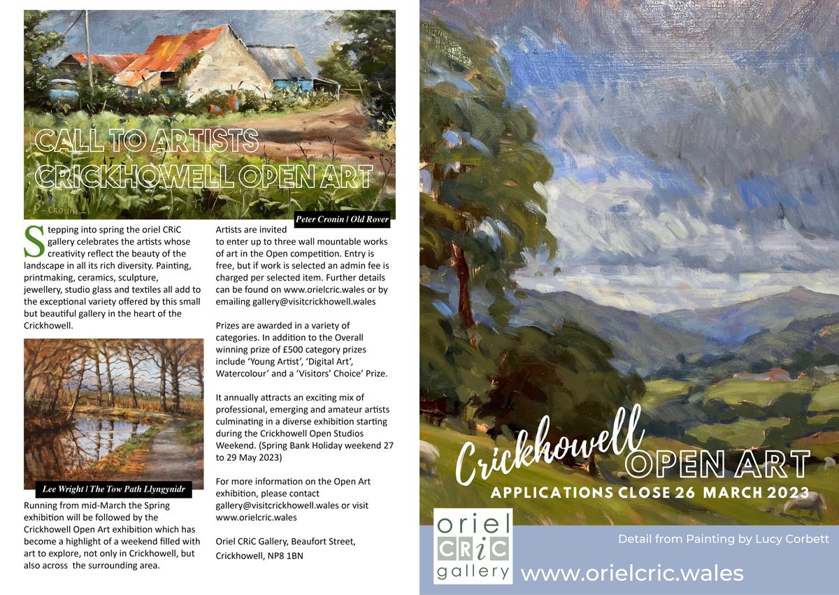 It's the one we've all been waiting for... and the CALL TO ARTISTS is open NOW!

Read all about the <a href="/orielcric/">Oriel CRiC Gallery</a>  Crickhowell Open Art Competition  and how you can be a part of it here.

#crickhowellopenart #artcompetition #arttrail #openstudio #crickhowell #orielcric #openart