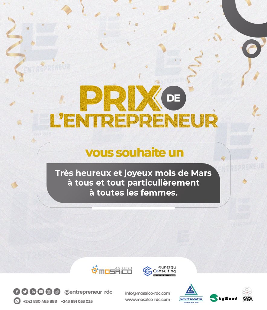 Entrepren_rdc's tweet image. 🥇 PRIX DE L’ENTREPRENEUR 

🔊Vous nous êtes précieux! 

#Mosaicoagency 
#Synergyconsulting 
#premiereedition 
#prixdelentrepreneur 
#Laissonsnosempreintesenrdc