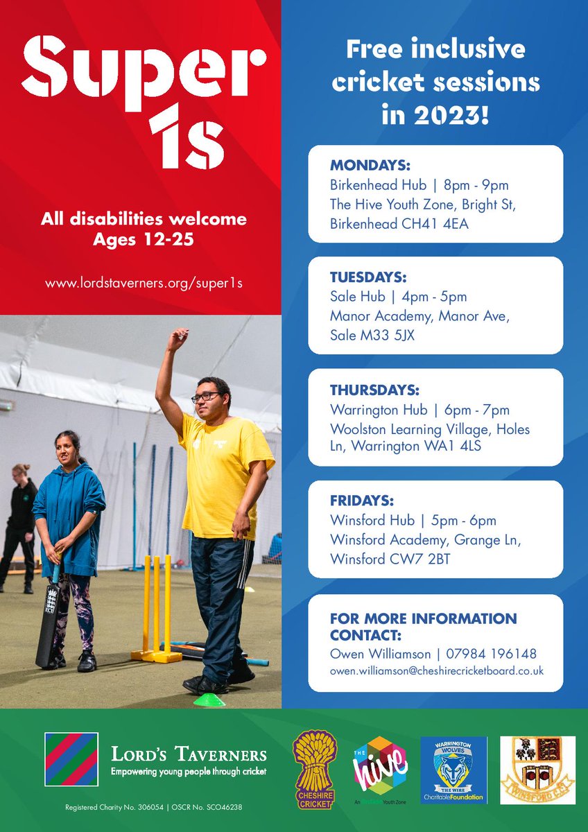 🏏Next Week our @LordsTaverners Free Inclusive Super 1s Hubs get back up and running across @CheshireCB. Including our brand new HUB @WinsfordAcademy supported by @winsford_cc. Come & join the fun
  
#disbilitycricket #findwhatyoulove #timeoutforparents #inclusive #findyourspace