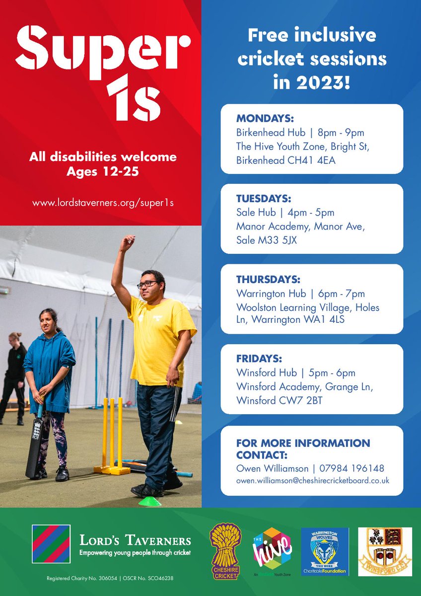 Ches_Super1s's tweet photo. πNext Week our @LordsTaverners Free Inclusive Super 1s Hubs get back up and running across @CheshireCB. Including our brand new HUB @WinsfordAcademy supported by @winsford_cc. Come & join the fun
#disbilitycricket #findwhatyoulove #timeoutforparents #inclusive #findyourspace https://t.co/CrAerEoAlP