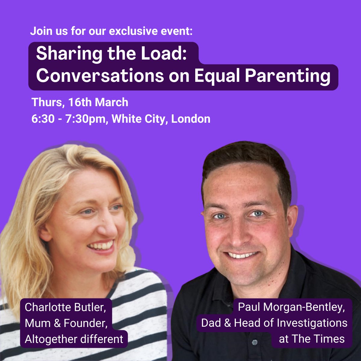 We’re delighted to be welcoming Charlotte Butler, Mum and founder of <a href="/alt_different/">Altogether Different</a> and <a href="/pmorganbentley/">Paul Morgan-Bentley</a> 
Dad and Head of Investigations at <a href="/thetimes/">The Times and The Sunday Times</a> to share their experiences in our upcoming Q&amp;A.

Tickets: eventbrite.co.uk/e/sharing-the-…
