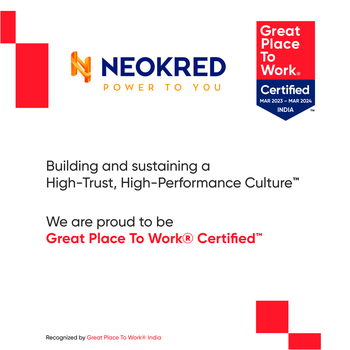 neokredtech's tweet photo. We're over the moon to announce that we've earned Great Place® to Work Certification™! Here's to many more years of building an incredible workplace culture together. Thank you! @GPTW_India 

#GPTWCertified #GPTW #2023 #neokred #workculture #thankyou https://t.co/ijdV57yUGM