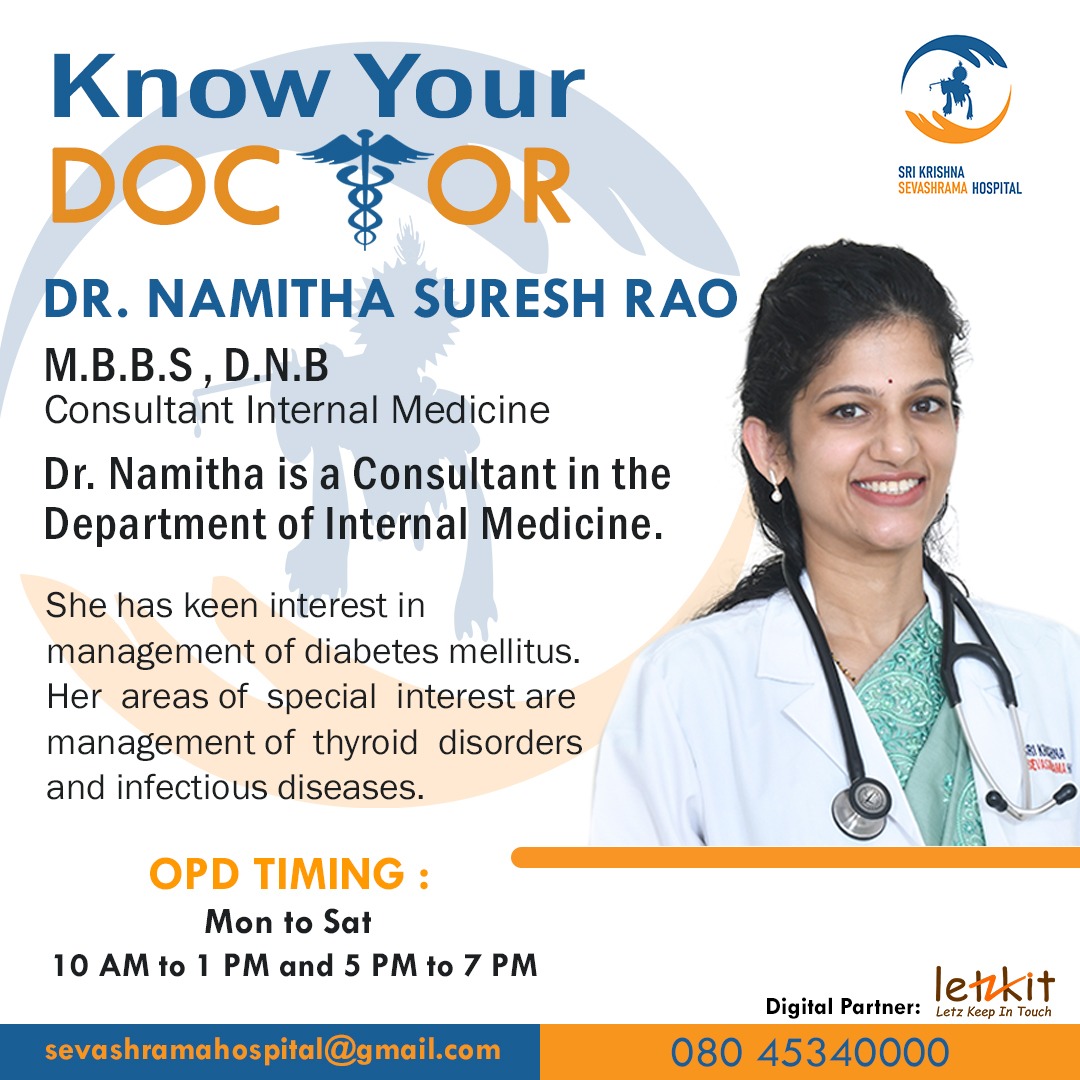 Meet our expert Dr.Namitha Suresh Rao, Consultant Internal Medicine.

#SKSHospital #srikrishnasevashrama
#diabetesmellitus #thyroiddisorders
#charityhospital #bangalore #Letzkit