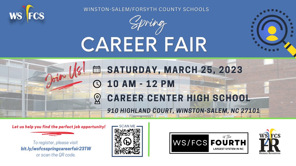 Our biggest event of the year is coming up quickly! Join us on Saturday, March 25 from 10 am - 12 pm for our Spring '23 Career Fair! We will be interviewing for positions across the district, so be sure to register and join us! bit.ly/wsfcsspringcar…