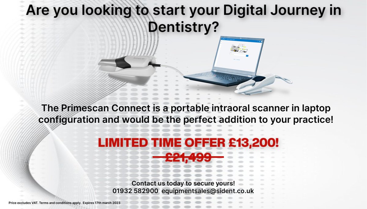 SidentDentalSys's tweet photo. The Primescan Connect by Dentsply Sirona has a limited time offer of £13,200 + VAT - grab this offer before it's too late! 

Offer expires 17th March 2023! 

Contact us today to service yours! 📞📧

#primescanconnect #intraoralscanner #laptopconfiguration #limitedoffer https://t.co/2Jq5V2zoRV