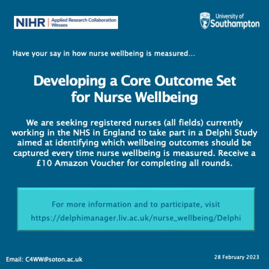 Nurses have your say in how #NHS #Nurse #Wellbeing should be measured by participating in a Delphi study to develop a core outcome set for measuring nurse wellbeing.  #BePartofResearch delphimanager.liv.ac.uk/nurse_wellbein….