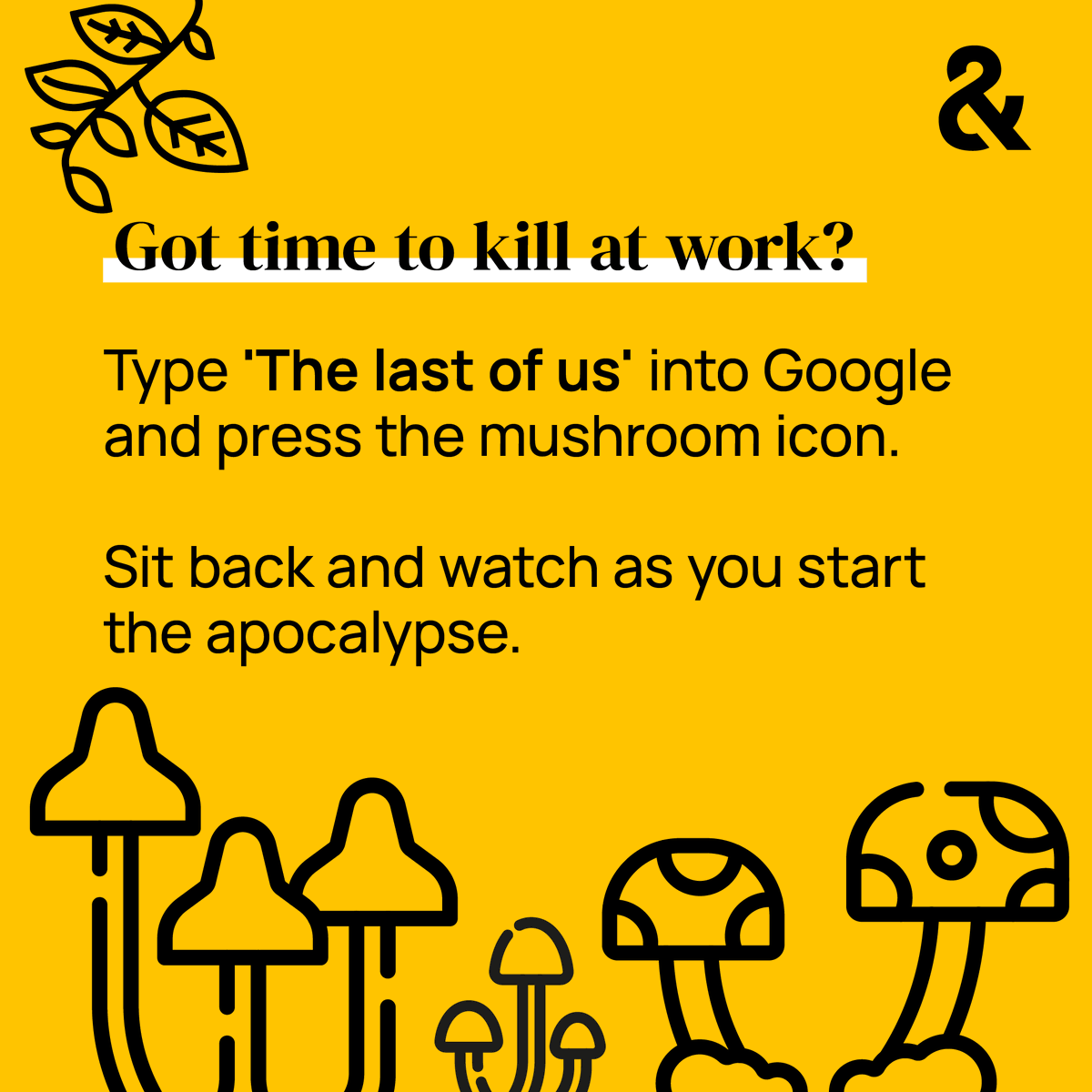 MilkandTweed's tweet image. If you go to Google and type in ‘The last of us’ you can click on the red mushroom icon that appears and watch as you unleash chaos onto the search engine. Great fun (gi) right? Want more fun non-work Google searches? Check out our blog 👉 bit.ly/3SBdxOl  #googlesearches