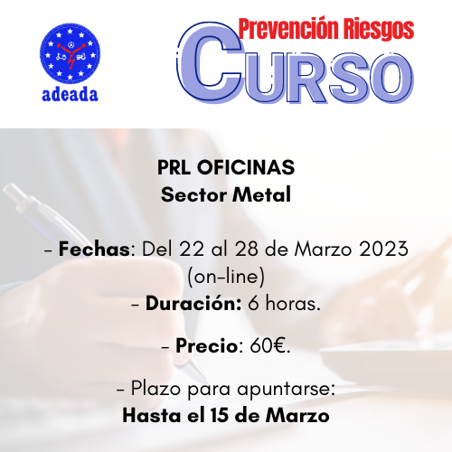 adeada_alava's tweet photo. Cursos obligatorios de Prevención de Riesgos Laborales dirigidos a Directivos y Personal de Oficinas, que se realizan de modo on-line. Para inscribirse llamar o enviar un e-mail a ADEADA adeada@adeada.com

#adeada #vitoriagasteiz #taller #automocion #formacion #prevencion #motor https://t.co/bTtSNaTPTq