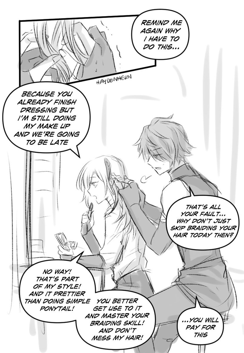 #haikaveh rkgk

I like to think alhaitham, who already finish dressing. forced to help kaveh braid his hair because kaveh is not even finish his skincare routine yet😂 